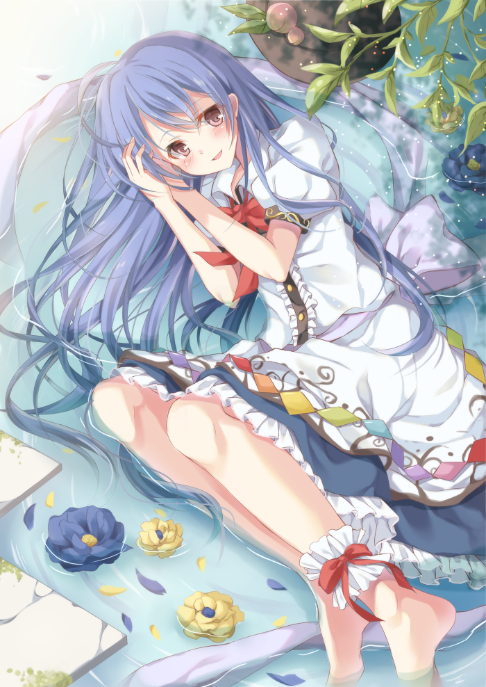 1girl ankle_garter barefoot blue_hair blush dress erika_(ym0311) female_focus flower food frilled_skirt frills fruit hands_in_hair hat hinanawi_tenshi in_water layered_dress leaf long_hair looking_at_viewer lying on_side parted_lips peach puffy_short_sleeves puffy_sleeves red_eyes short_sleeves skirt solo touhou unworn_hat unworn_headwear
