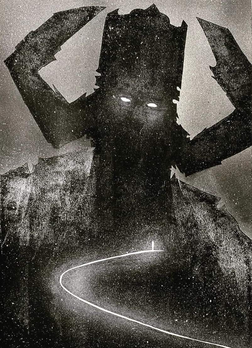2boys divine_being fake_horns galactus giant glowing glowing_eyes greyscale helmet horned_helmet horns jeff_alan_love marvel monochrome multiple_boys no_pupils shaded_face shadowed silhouette silver_surfer size_difference sky sky_surfing skyboard star_(sky) starry_sky surfboard vaporwave white_streaks