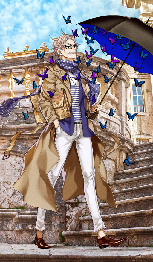 1boy animal architecture bag belt black-framed_eyewear black_eyes black_umbrella blazer blue_butterfly blue_jacket blue_scarf blue_shirt blue_sky brown_coat brown_shoes bug butterfly cloud cloudy_sky coat commentary day facial_hair fate/grand_order fate_(series) glasses grey_facial_hair grey_hair hand_in_pocket holding holding_umbrella honjou_raita insect jacket james_moriarty_(archer)_(fate) james_moriarty_(tour_outfit)_(fate) jewelry lapels long_coat long_sleeves looking_up male_focus map_print mature_male mustache no_socks notched_lapels official_art old old_man open_clothes open_coat open_jacket outdoors pants pendant photo_background purple_butterfly satchel scarf shirt shoes short_hair sky solo stairs striped_clothes striped_shirt sunlight third-party_source too_many too_many_butterflies trench_coat two-tone_shirt umbrella v-shaped_eyebrows walking white_pants white_shirt
