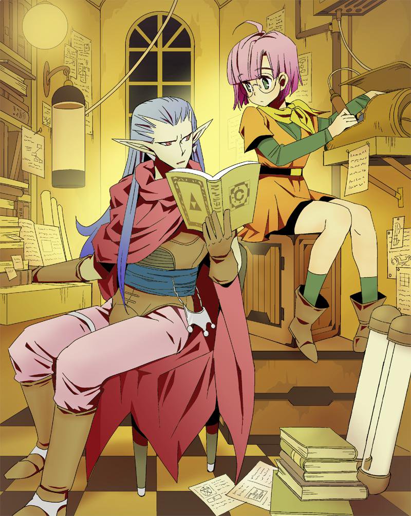1boy 1girl blue_sash book book_stack boots brown_footwear brown_shirt cape checkered_floor chrono_trigger closed_mouth dress expressionless full_body glasses green_eyes grey_hair holding holding_book indoors lamp long_hair looking_at_another looking_to_the_side lucca_ashtear magus_(chrono_trigger) mai_iwaizumi open_mouth orange_dress orange_eyes pants pink_pants pointy_ears purple_hair red_cape rimless_eyewear sash scarf shirt short_hair sitting slice_of_life third-party_source triforce very_long_hair yellow_scarf