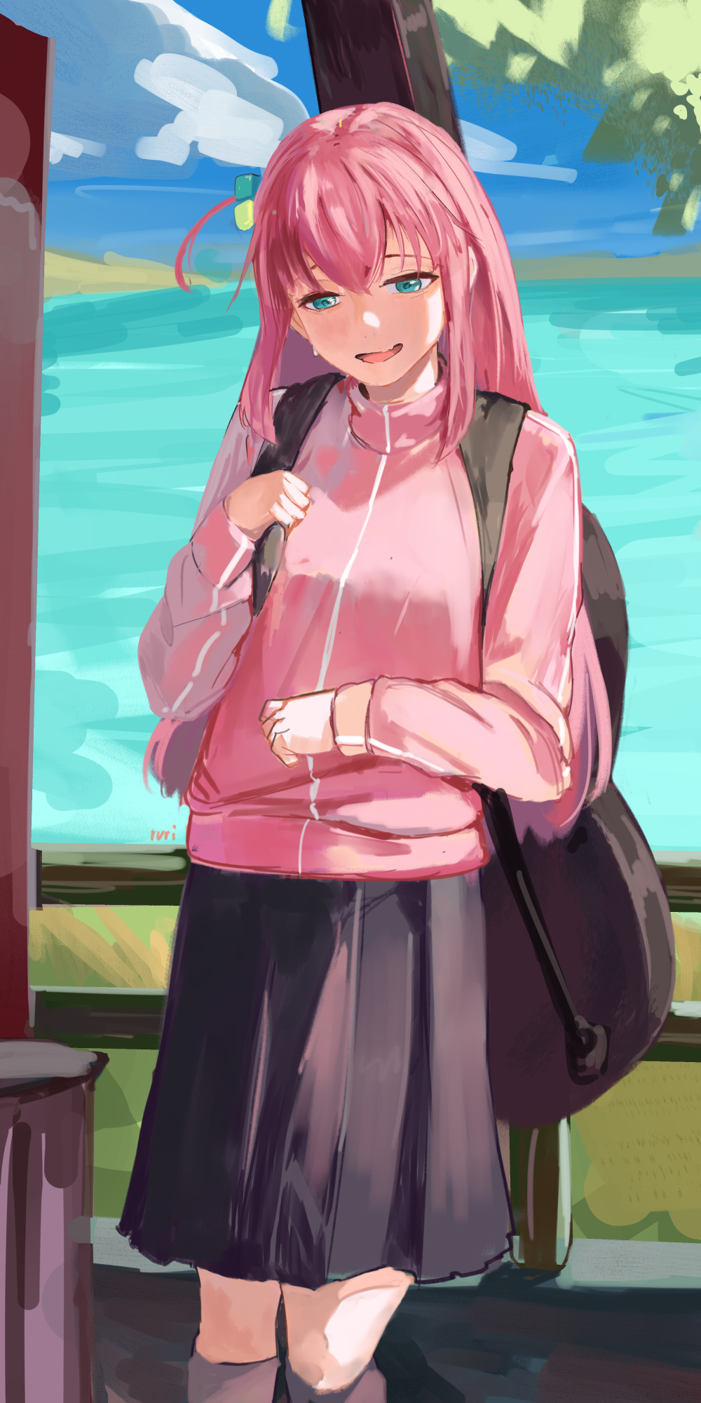 1girl black_skirt blue_eyes blue_sky bocchi_the_rock! cube_hair_ornament gotoh_hitori guitar_case hair_ornament highres instrument_case instrument_on_back jacket long_hair ocean one_side_up open_mouth pink_jacket rurikon skirt sky solo sweatdrop
