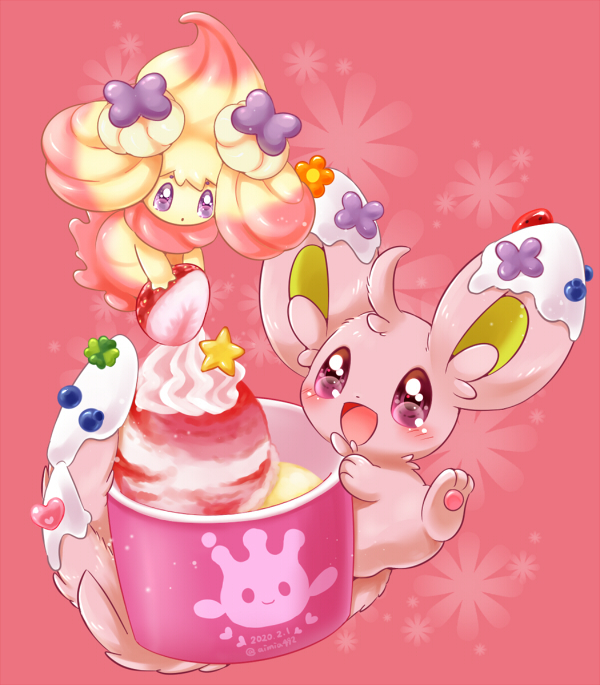 :o aimi_(aimia492) alcremie alcremie_(ribbon_sweet) alcremie_(ruby_swirl) alternate_color bowl commentary_request dated floral_background food food-themed_creature fruit gen_5_pokemon gen_8_pokemon happy holding holding_food holding_fruit ice_cream light_blush milcery minccino nintendo no_humans open_mouth oversized_object pink_background pink_eyes pokemon pokemon_(creature) purple_eyes signature simple_background smile star_(symbol) strawberry strawberry_slice whipped_cream