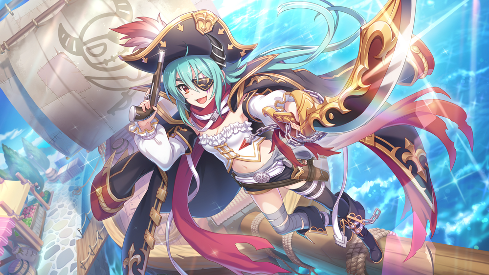 1girl anna_(pirate)_(princess_connect!) anna_(princess_connect!) aqua_hair asymmetrical_legwear belt black_boots black_coat black_hat black_horns black_shorts black_thighhighs boots coat coat_on_shoulders demon_girl demon_horns detached_sleeves eyepatch facial_mark game_cg gun hair_between_eyes hat holding holding_gun holding_sword holding_weapon horns long_hair looking_at_viewer midriff navel official_alternate_costume official_art outdoors pirate_hat pirate_ship pointing_melee_weapon pointing_sword princess_connect! red_eyes red_scarf scarf shirt short_shorts shorts sidelocks single_thighhigh solo strapless strapless_shirt sword thighhighs twintails very_long_hair weapon white_belt white_shirt white_sleeves