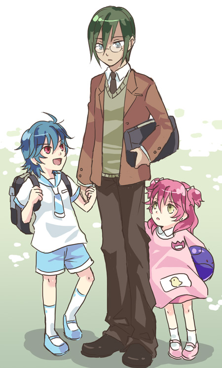 00s backpack bad_haro bag child dress glasses gundam gundam_00 jo_(artist) johann_trinity michael_trinity nena_trinity randoseru shorts siblings aged_down