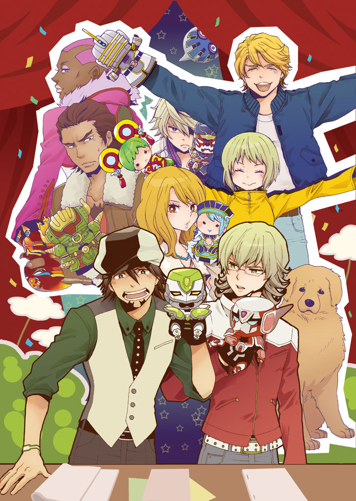 10s 2girls 6+boys antonio_lopez barnaby_brooks_jr. blonde_hair blue_rose_(tiger_&amp;_bunny) brown_hair cabbie_hat character_doll confetti curtains dark_skin dog dragon_kid dress green_eyes hat huang_baoling im5364 ivan_karelin jacket john_(tiger_&amp;_bunny) kaburagi_t._kotetsu karina_lyle keith_goodman lunatic_(tiger_&amp;_bunny) multiple_boys multiple_girls nathan_seymour origami_cyclone pink_hair red_jacket rock_bison tiger_&amp;_bunny vest waistcoat wild_tiger