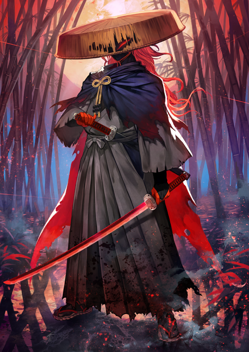 1boy black_bridal_gauntlets black_skin black_socks blue_cape bridal_gauntlets cape colored_skin fate/grand_order fate_(series) full_body glowing glowing_eye grey_hakama grey_kimono hakama hakama_pants hand_on_hilt holding holding_sword holding_weapon horror_(theme) japanese_clothes katana kimono lack legs_apart long_hair long_sleeves male_focus official_art okada_izou_(fate) okada_izou_(second_ascension)_(fate) pants red_cape red_eyes red_hair red_skin sandals sandogasa sheath sheathed socks solo splatter standing sword tabi third-party_source torn_cape torn_clothes torn_kimono two-sided_cape two-sided_fabric variant_set weapon wide_sleeves zouri