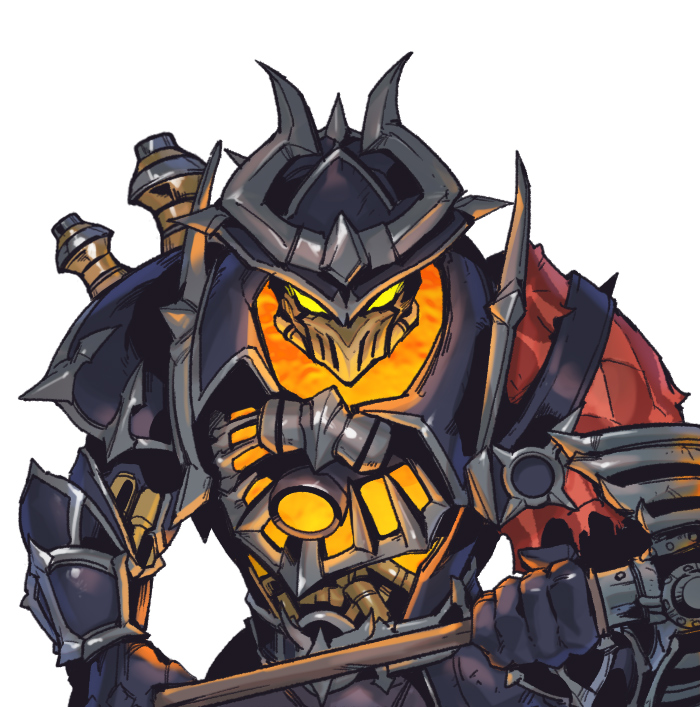 1boy armor black_gloves full_armor gloves glowing glowing_eyes hat high_noon_mordekaiser holding holding_weapon league_of_legends looking_at_viewer male_focus mordekaiser orange_eyes phantom_ix_row solo weapon