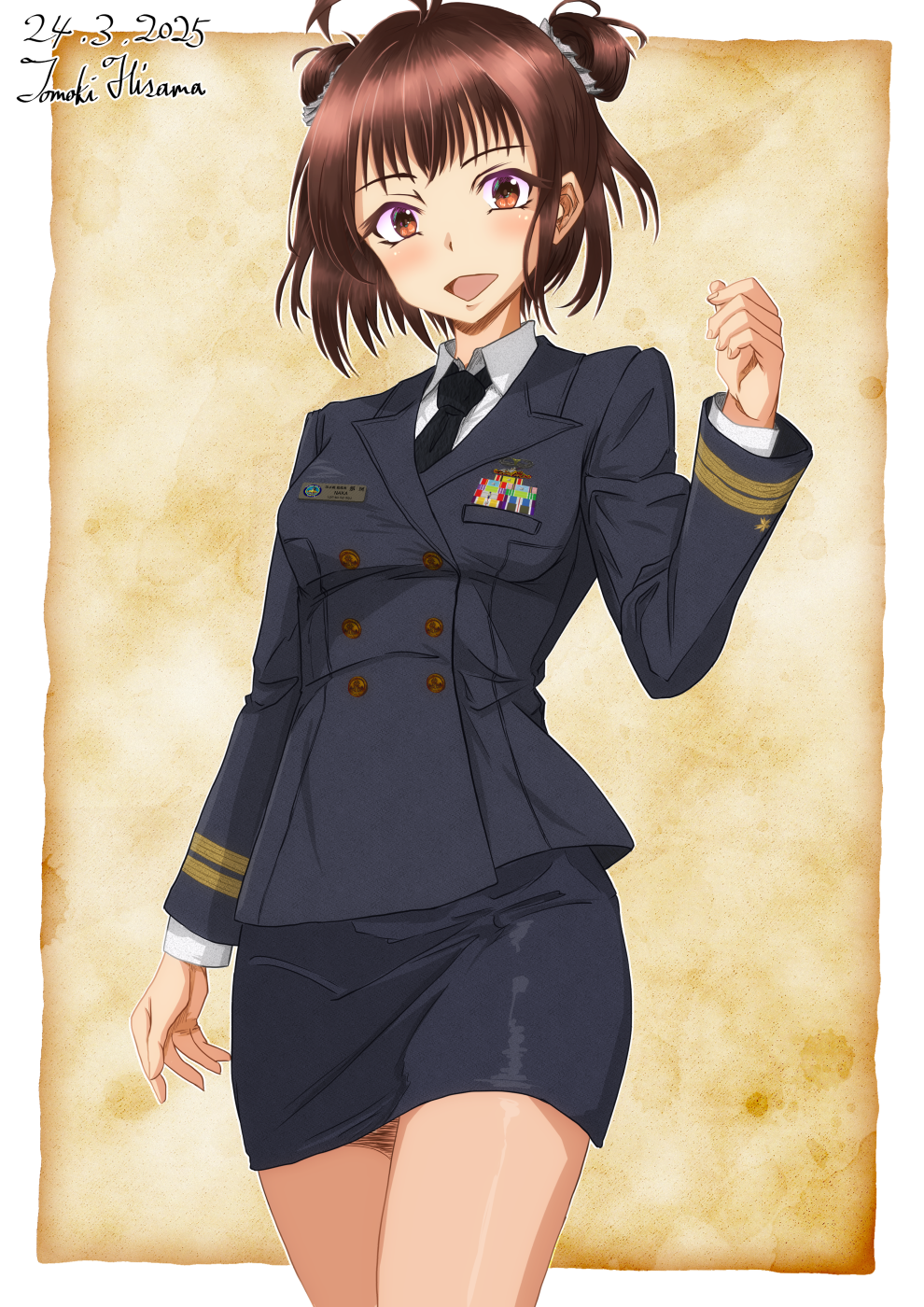 1girl alternate_costume antenna_hair black_jacket black_necktie black_skirt brown_eyes brown_hair buttons collared_shirt commentary_request dated double-breasted double_bun hair_bun highres hisamatomoki jacket kantai_collection long_sleeves military_dress_uniform military_rank_insignia military_uniform miniskirt naka_(kancolle) naka_kai_ni_(kancolle) naval_dress_uniform naval_uniform necktie open_mouth ribbon_bar shirt signature simple_background skirt solo yellow_background