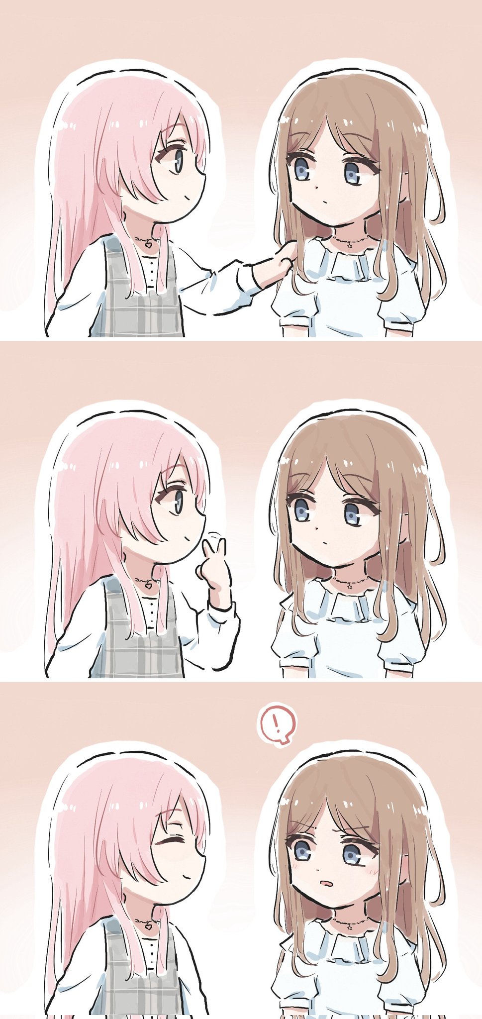 ! 2girls bang_dream! bang_dream!_it&#039;s_mygo!!!!! blue_eyes brown_hair chihaya_anon closed_eyes closed_mouth commentary_request corrupted_twitter_file dress grey_dress grey_eyes hand_up highres jewelry long_hair long_sleeves lyy multiple_girls nagasaki_soyo necklace open_mouth pinafore_dress pink_hair plaid_clothes plaid_dress shirt short_sleeves sidelocks sleeveless sleeveless_dress spoken_exclamation_mark v white_shirt
