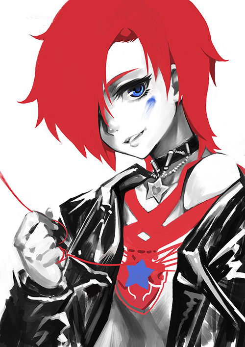 1girl blue_eyes choker female_focus hair_over_one_eye heart_(organ) idolmaster idolmaster_million_live! jacket jewelry julia_(idolmaster) leather leather_jacket limited_palette necklace off_shoulder red_hair shirt short_hair simple_background smile solo star_(symbol) star_necklace string string_of_fate todee upper_body white_background
