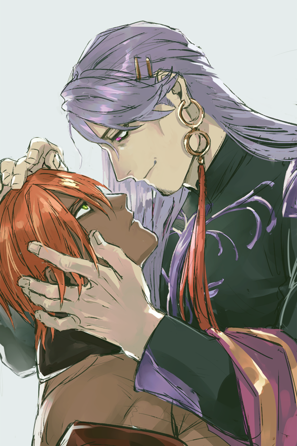 01rosso 2boys ashwatthama_(fate) dark-skinned_male dark_skin duryodhana_(fate) earrings facial_hair fate/grand_order fate_(series) goatee goatee_stubble green_eyes hair_ornament hairclip hands_on_another&#039;s_face indian_clothes jewelry long_hair looking_at_another male_focus mature_male multiple_boys muscular muscular_male profile purple_eyes purple_hair red_hair sash short_hair simple_background single_earring smile stubble topless_male upper_body white_background