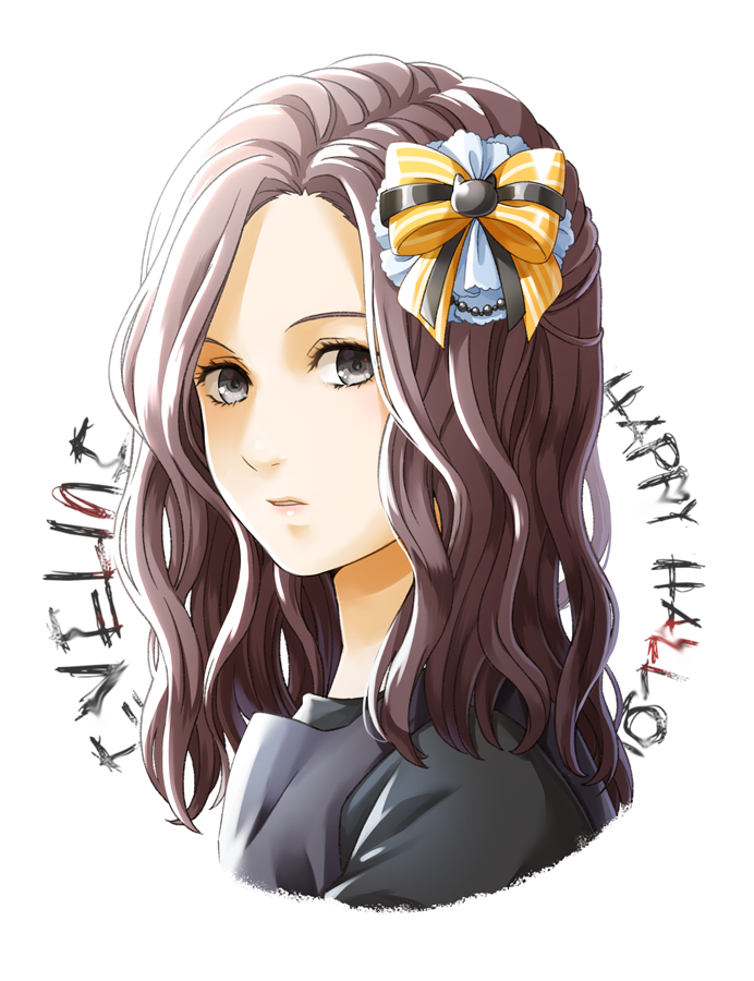1girl black_shirt bow brown_eyes brown_hair character_name chigayasan commentary_request cropped_torso eveline eyelashes hair_bow happy_halloween long_hair looking_at_viewer parted_lips resident_evil resident_evil_7:_biohazard shirt simple_background solo striped_bow upper_body wavy_hair white_background