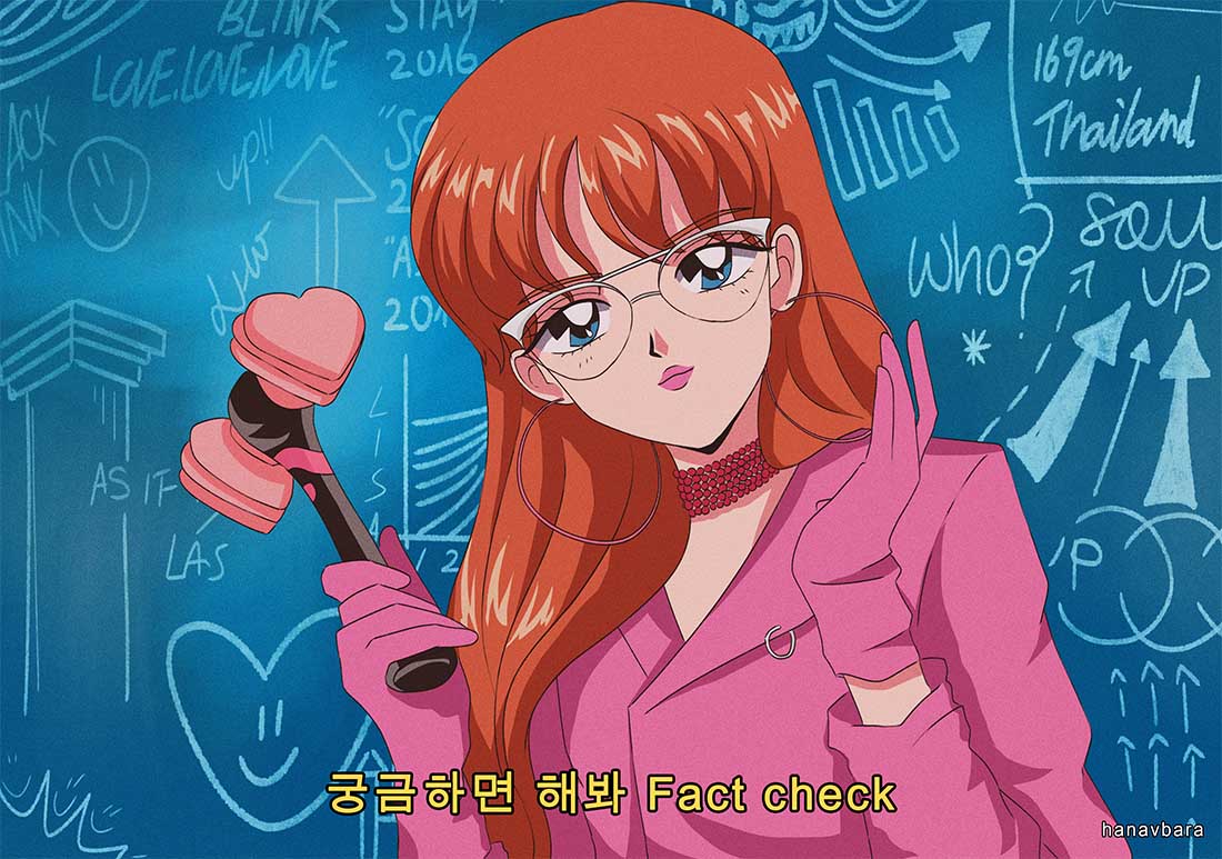 1990s_(style) 1girl artist_name blackpink brown_hair chalkboard choker closed_mouth commentary earrings english_commentary glasses gloves hanavbara holding_lightstick hoop_earrings jacket jewelry lisa_(blackpink) long_hair lyrics pink_gloves pink_jacket pink_lips real_life retro_artstyle solo upper_body