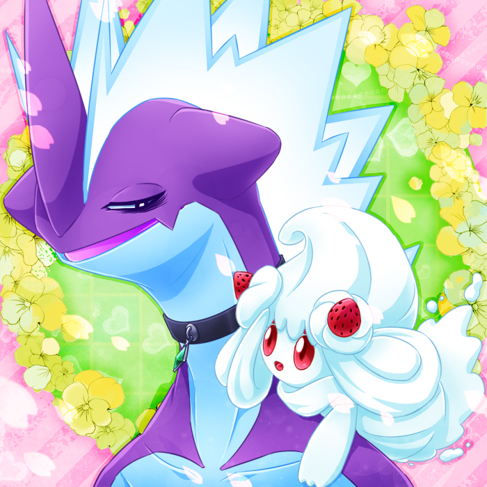 alcremie alcremie_(mint_cream) alcremie_(strawberry_sweet) black_eyes commentary_request creature eye_contact floral_background food fruit gen_8_pokemon horns kurosiro looking_at_another nintendo no_humans on_shoulder pokemon pokemon_(creature) pokemon_on_shoulder red_eyes single_horn strawberry toxtricity toxtricity_(low_key)