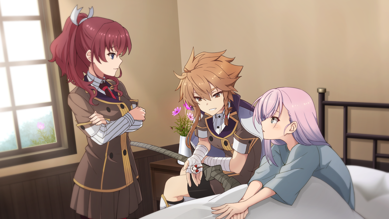 3girls arms_under_breasts bandaged_arm bandages black_shorts blue_eyes blue_shirt braided_sidelock brown_eyes brown_hair brown_jacket brown_skirt charm_(object) closed_mouth collared_shirt crossed_arms flower furrowed_brow game_cg holding holding_charm indoors jacket jacket_on_shoulders konohana_suzuka long_sleeves looking_at_another multiple_girls necktie non-web_source on_bed origami_family's_elite_guard_uniform pink_hair pleated_skirt ponytail red_hair red_necktie shidou_maki_(toji_no_miko) shirt short_hair short_sleeves shorts sitting skirt smile standing striped_clothes striped_shirt toji_no_miko toji_no_miko:_kizamishi_issen_no_tomoshibi tsubakuro_yume under_covers white_jacket window