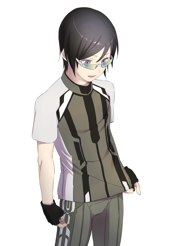 1boy bike_jersey bike_shorts black_gloves black_hair fingerless_gloves glasses gloves leuco looking_down male_focus parted_lips purple_eyes simple_background solo touken_ranbu upper_body white_background yagen_toushirou