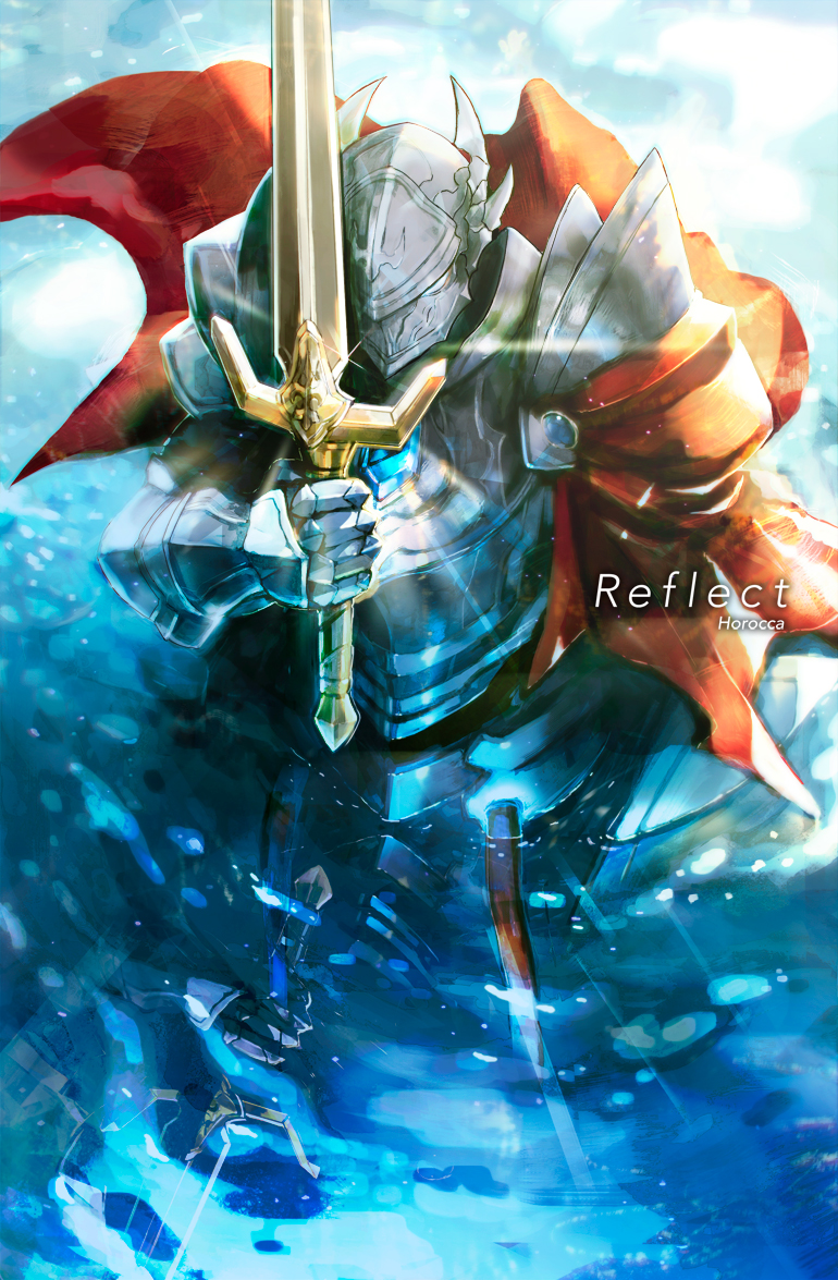 1boy armor artist_name blue_background cape covered_face full_armor glint helm helmet holding holding_sword holding_weapon horocca male_focus overlord_(maruyama) pauldrons plate_armor red_cape shoulder_armor solo sword touch_me weapon