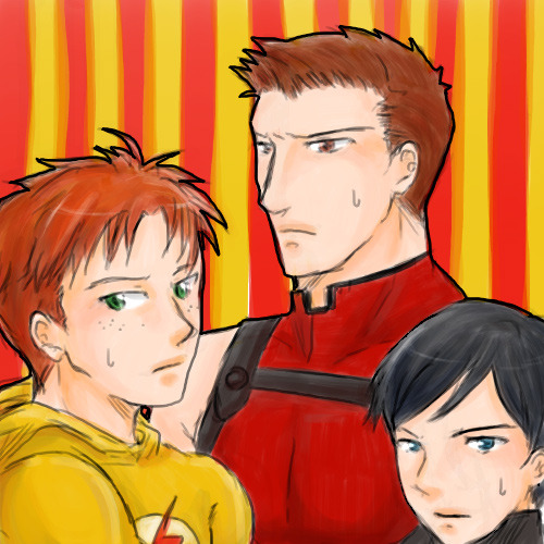 3boys batman_(series) black_hair blue_eyes dc_comics dick_grayson flash_(series) freckles green_arrow_(series) green_eyes kid_flash lowres male_focus marksman multiple_boys orange_hair red_arrow robin_(dc) roy_harper striped_background vertical_stripes wally_west young_justice:_invasion