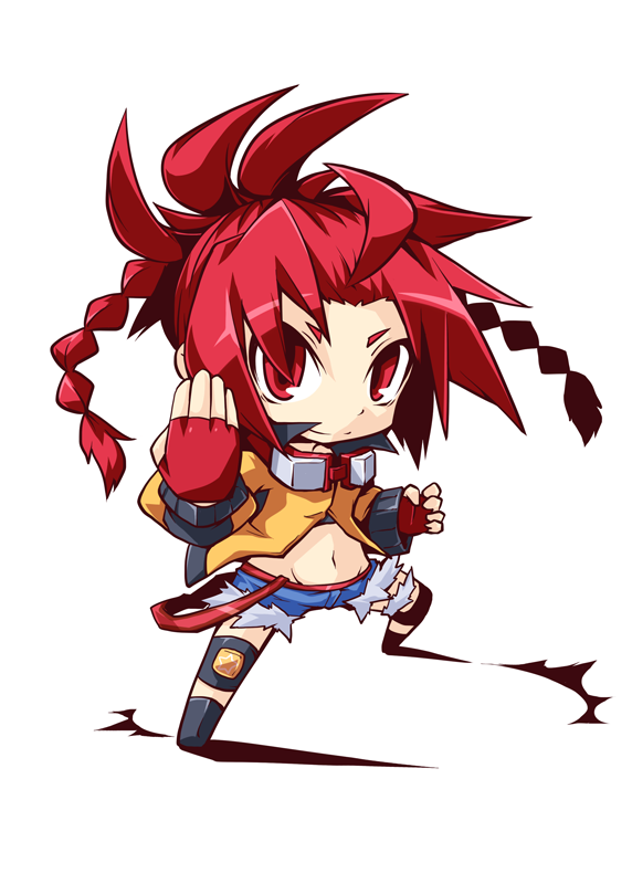 1girl 7th_dragon 7th_dragon_(series) 7th_dragon_2020 chibi destroyer_(7th_dragon_2020) female_focus fingerless_gloves gloves midriff navel nishimura_haru_(7th_dragon) red_eyes red_hair reku solo
