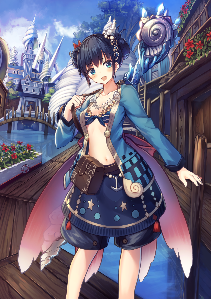 1girl :d bad_id bad_pixiv_id bag belt bikini bikini_top_only blue_bikini blue_eyes blue_hair blue_jacket blue_shorts blue_skirt blue_sky blush boardwalk bow breasts brown_belt building canal cloud collarbone commentary_request conch day double_bun fang female_focus fingernails flower flower_box hair_bun head_tilt holding jacket ladder lifebuoy long_sleeves navel open_clothes open_jacket open_mouth original outdoors pink_bow print_skirt railing red_flower satchel shorts side_bun sidelocks skirt sky small_breasts smile solo staff standing star_(symbol) swim_ring swimsuit tree usagino_suzu water window