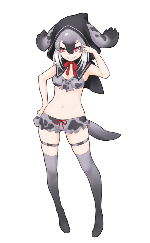 10s 1girl animal_ears bare_arms capelet female_focus full_body gradient_hair grey_hair grey_thighhighs grin hair_between_eyes hand_on_own_hip hood hooded_capelet hooded_seal_(kemono_friends) ise_(0425) kemono_friends multicolored_hair navel red_eyes simple_background smile solo standing stomach tail thigh_strap thighhighs v-shaped_eyebrows white_background white_hair