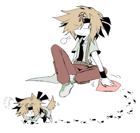 2others animal_ears black_headband black_shirt closed_eyes closed_mouth coat colored_skin commentary dog_ears dog_tail dual_persona english_commentary grey_coat grey_footwear headband kemonomimi_mode kurohebi len&#039;en light_brown_hair ling_s multiple_others no_nose open_clothes open_coat other_focus pants paw_print red_pants shirt short_hair short_sleeves simple_background sitting tail white_background white_skin