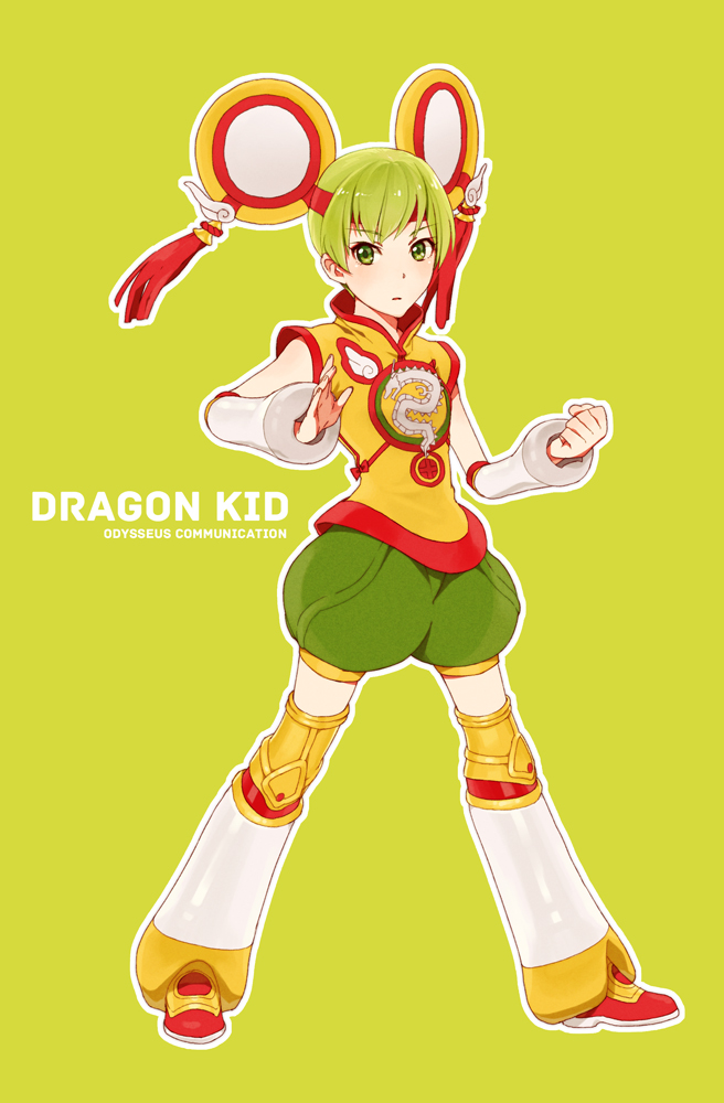 10s 1girl abe_(f!mixture) bad_id bad_pixiv_id character_name chinese_clothes detached_sleeves dragon_kid female_focus green_background green_eyes green_hair hat huang_baoling matching_hair/eyes short_hair shorts simple_background solo superhero_costume tiger_&amp;_bunny