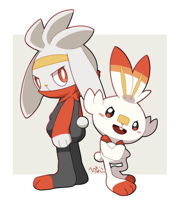2others animal_ears blush blush_stickers bright_pupils creatures_(company) crossed_arms furry game_freak gen_8_pokemon hinako_iroiro looking_back multiple_others nintendo orange_eyes other_focus pokemon pokemon_(creature) rabbit_ears rabbit_tail raboot scorbunny smile standing tail white_hair white_pupils