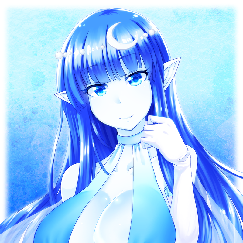 10s 1girl blue_eyes blue_hair blue_theme breasts cleavage colored_skin crescent crescent_hair_ornament dina_(monster_musume) elbow_gloves female_focus gloves hair_ornament huge_breasts long_hair looking_at_viewer matching_hair/eyes mogura_(susutake) monster_girl monster_musume_no_iru_nichijou monster_musume_no_iru_nichijou_online pointy_ears smile solo tanpopo_hayabusa-maru undine upper_body white_gloves white_skin