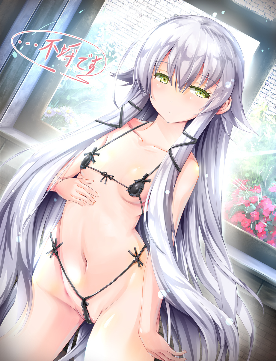 1girl altina_orion bikini black_bikini breasts cameltoe commentary cowboy_shot eiyuu_densetsu falcom front-tie_bikini_top front-tie_top gc3 green_eyes hair_between_eyes hair_ornament half-closed_eyes highres long_hair looking_at_viewer micro_bikini midriff navel sen_no_kiseki sen_no_kiseki_(series) sen_no_kiseki_iii side-tie_bikini_bottom small_breasts solo swimsuit thighs translated white_hair x_hair_ornament