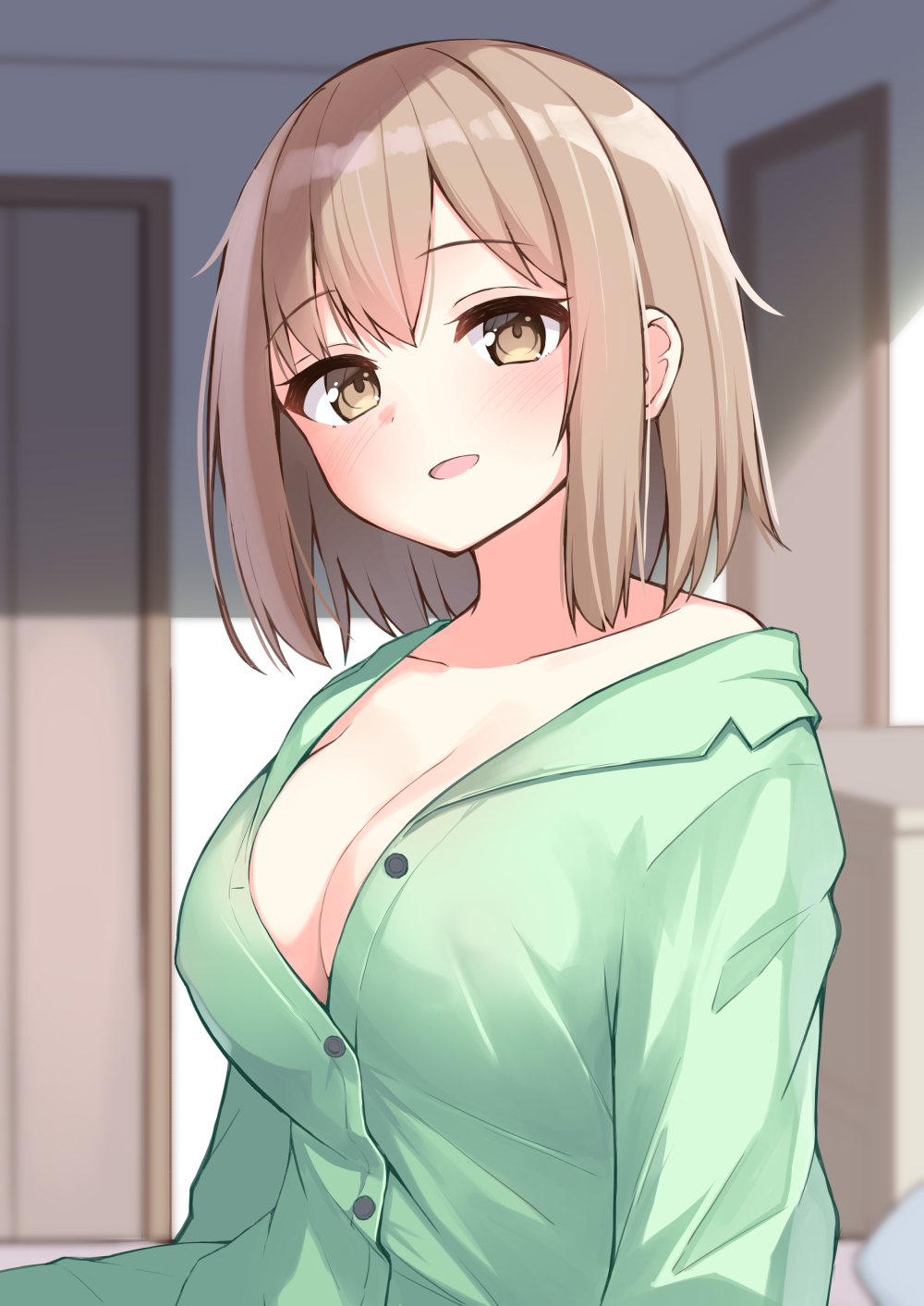 1girl blush breasts brown_eyes brown_hair childhood_friend_(ominaeshi) cleavage collarbone collared_shirt dress_shirt green_pajamas green_pants green_shirt hair_between_eyes highres indoors large_breasts looking_at_viewer ominaeshi_(takenoko) original pajamas pants shirt smile solo