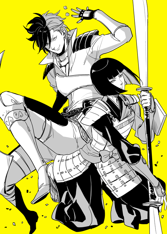2boys armor blunt_bangs blunt_ends dice double_blade fingerless_gloves frown full_body gloves greyscale_with_colored_background holding holding_polearm holding_weapon japanese_armor japanese_clothes jumping looking_at_another looking_at_viewer male_focus multicolored_hair multiple_boys naginata official_alternate_costume polearm sengoku_basara shibata_katsuie_(sengoku_basara) shima_sakon_(sengoku_basara) short_hair simple_background smile two-tone_hair weapon yellow_background yona_(waiko)
