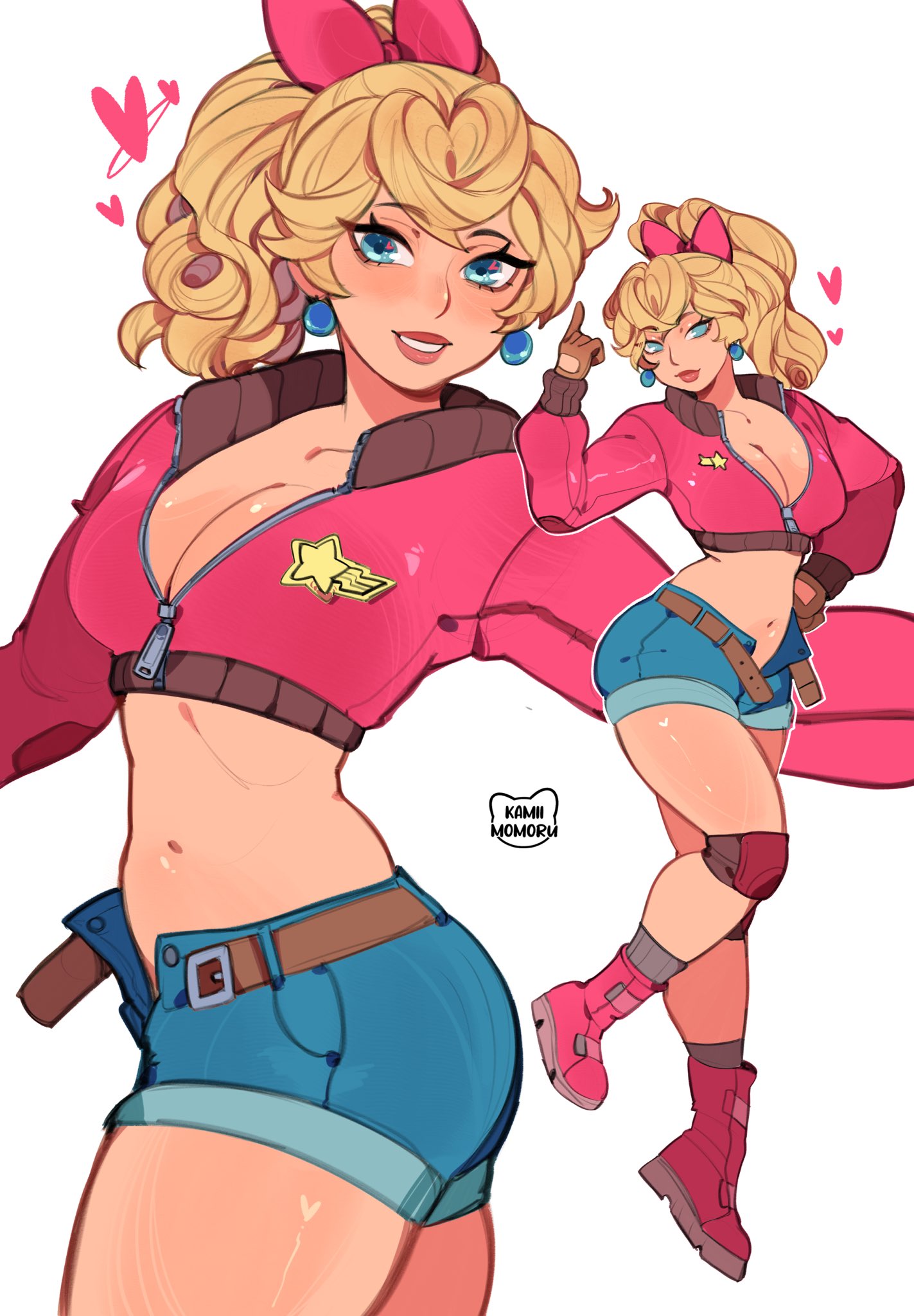 1girl ass belt blonde_hair blue_eyes boots breasts cleavage earrings fingerless_gloves gloves hair_ribbon highres jacket jewelry kamii_momoru knee_pads mario_(series) midriff navel nintendo open_fly ponytail princess_peach ribbon shorts smile socks unbuckled unbuttoned unbuttoned_pants