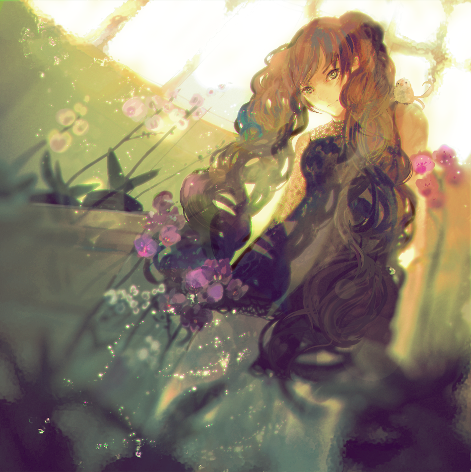 1girl animal animal_on_shoulder bird bird_on_shoulder dress flower formal_clothes iyumekai kunogi_himawari long_hair orchid sleeveless sleeveless_dress sunlight twintails very_long_hair wavy_hair window xxxholic