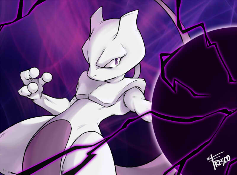 1other abstract_background casting_spell commentary_request federico_freschi furrowed_brow gen_1_pokemon legendary_pokemon mewtwo nintendo no_humans nostrils pokemon pokemon_(creature) purple_background purple_eyes signature solo umbrakinesis