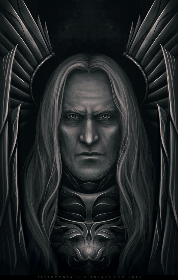 armor black_background closed_mouth commentary dark_angels dated deviantart_username english_commentary facial_hair lion_el&#039;jonson long_hair male_focus monochrome power_armor primarch solo straight-on stubble veronica_anrathi warhammer_40k watermark web_address