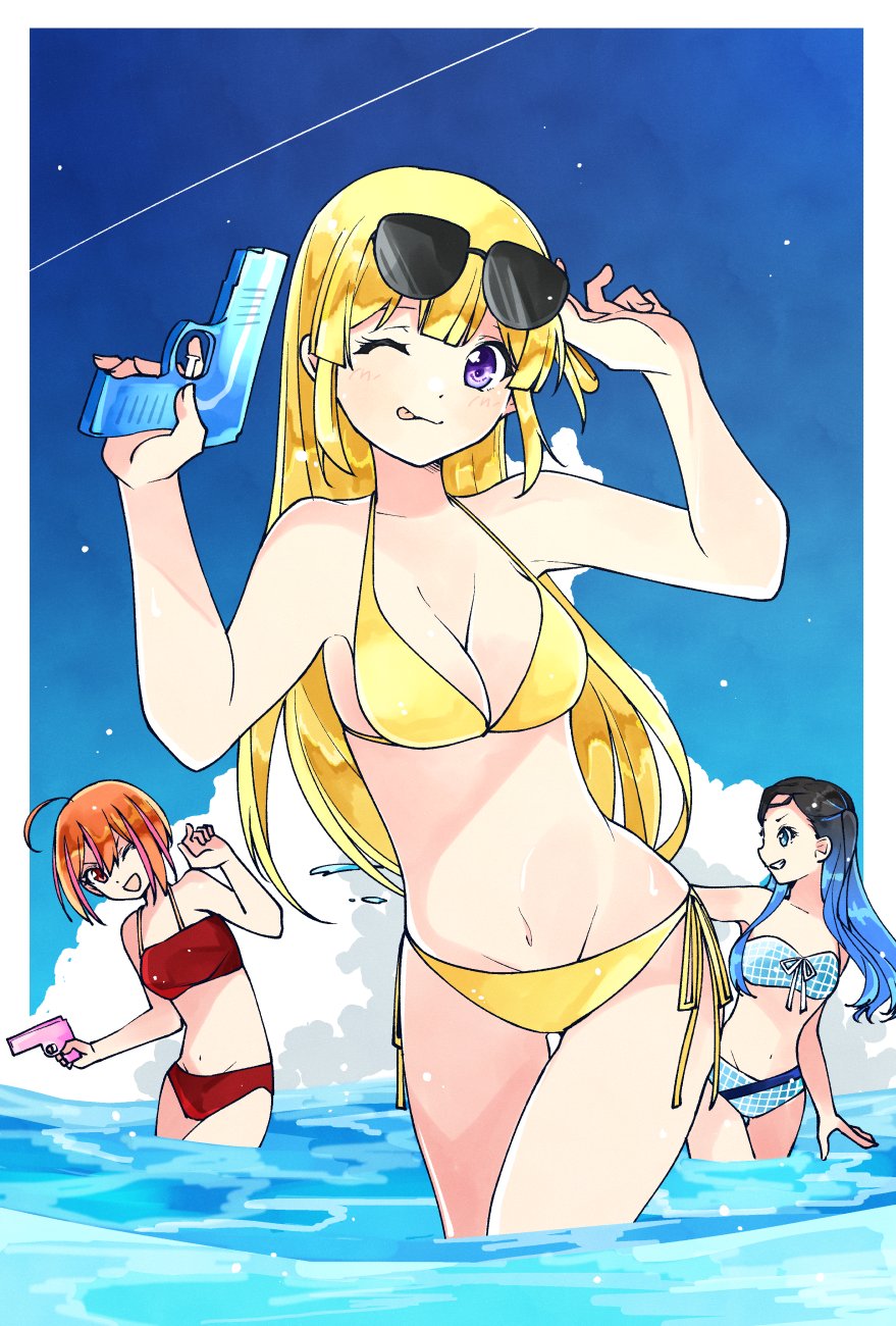 22/7 3girls ;d ;p ahoge aqua_eyes aqua_hair bikini black_hair blonde_hair blue_bikini blue_sky blush border breasts brown_eyes cloud collarbone cumulonimbus_cloud eye_contact eyewear_on_head fujima_sakura gradient_hair grin groin hair_between_eyes hair_ornament hair_rings hairclip halterneck hands_up highres himuro_mizuki holding holding_water_gun long_hair looking_at_another looking_at_viewer multicolored_hair multiple_girls navel nishiura_sora ocean one_eye_closed one_side_up open_mouth orange_hair outdoors outside_border pink_hair purple_eyes red_bikini short_hair side-tie_bikini_bottom single_hair_ring sky smile streaked_hair string_bikini summer sunglasses swimsuit teeth tongue tongue_out trefle_r two-tone_hair two_side_up wading water water_gun white_border wince yellow_bikini