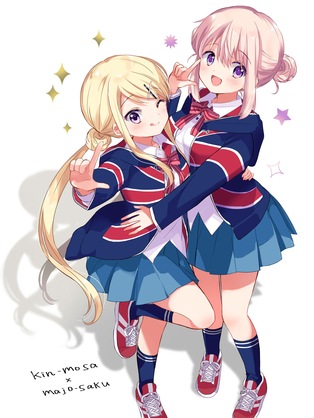 1girl 2girls blonde_hair blush bow breasts closed_eyes creator_connection hair_between_eyes hair_bun hair_ornament hairclip hara_yui highres hug kin-iro_mosaic kujou_karen long_hair long_sleeves looking_at_viewer majo_wa_mangetsu_ni_saku medium_breasts medium_hair minato_shima multiple_girls official_art open_mouth ponytail purple_eyes school_uniform shirt simple_background single_hair_bun skirt smile union_jack voice_actor_connection x_hair_ornament