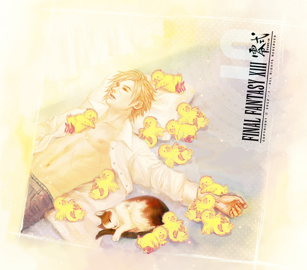 1boy bird blonde_hair cat chick chocobo copyright_name final_fantasy final_fantasy_type-0 j_(onose1213) logo nine_(fft-0) open_clothes open_shirt scar shirt sleeping square_enix