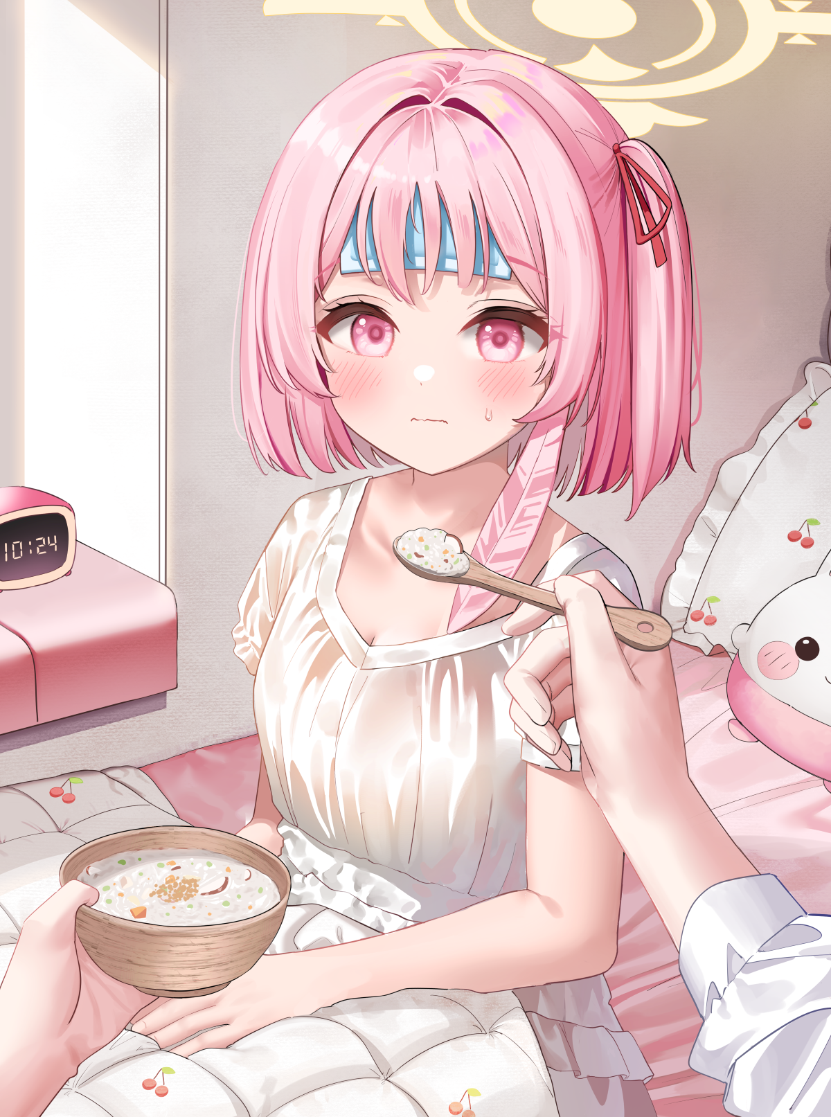 1girl 1other blanket blue_archive blush bowl cherry_print clock cold_pack commentary_request commission feeding fever food food_print fruit_print hair_ribbon halo highres holding holding_bowl holding_spoon ine_(ineinnen) on_bed pajamas pillow pink_eyes pink_hair pixiv_commission pov ribbon serina_(blue_archive) short_hair soup spoon stuffed_toy wooden_spoon yellow_halo