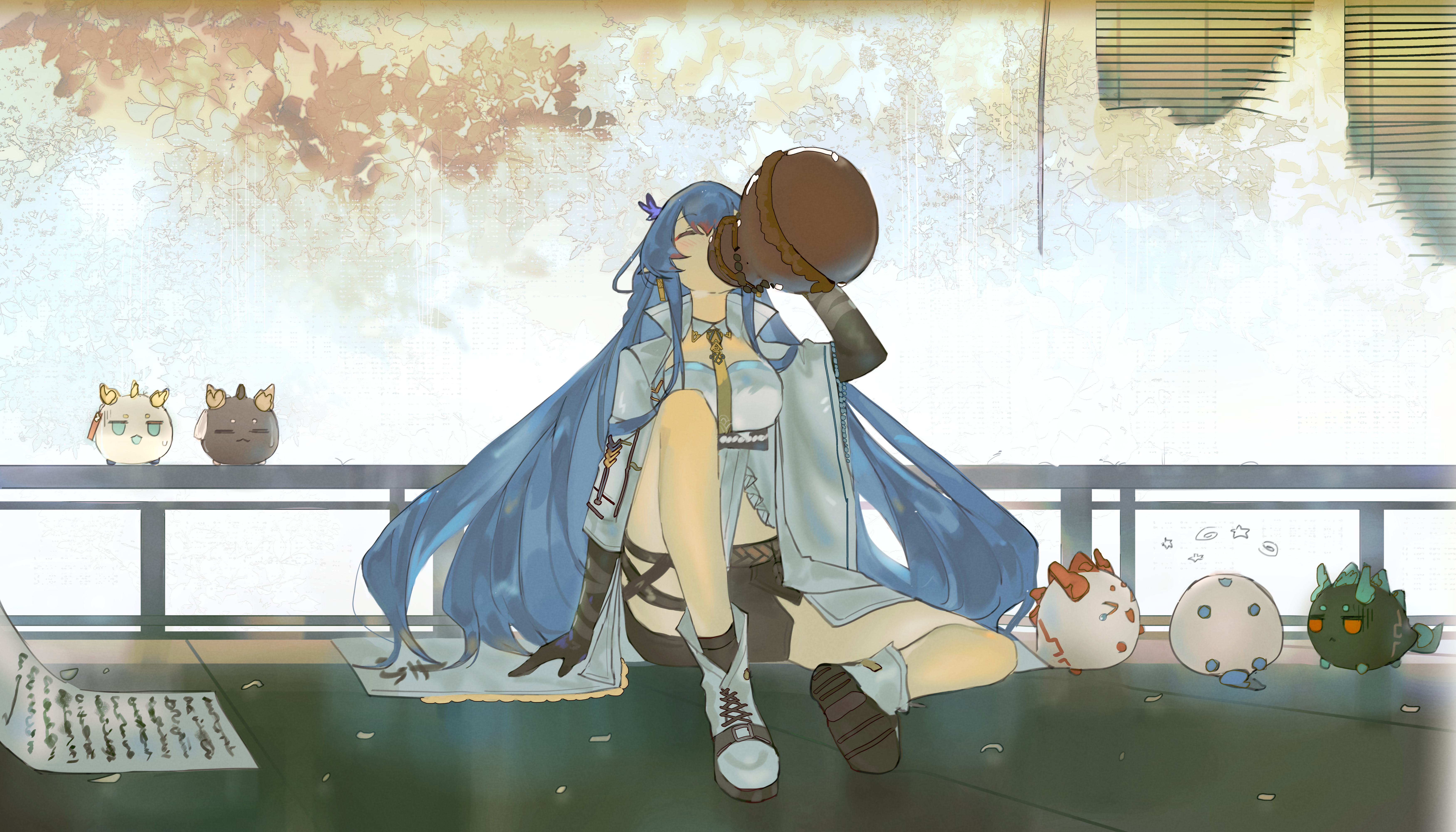 >_< 1girl absurdres annotated arknights blue_hair chongyue_(arknights) closed_eyes coat commentary dragon_bubble_(arknights) dragon_girl dragon_horns dragon_tail drinking dusk_(arknights) earrings english_commentary gourd highres holding holding_gourd horns jewelry ling_(arknights) long_hair long_sleeves necktie nian_(arknights) on_floor open_clothes open_coat pointy_ears shirt short_shorts shorts shu_(arknights) sitting strapless strapless_shirt tail very_long_hair yuishironeko