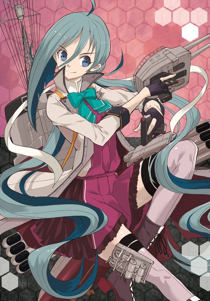 1girl adapted_turret ahoge aqua_bow aqua_bowtie black_gloves boushi-ya bow bowtie coat dress feet_out_of_frame gloves grey_coat grey_eyes grey_hair grey_thighhighs hair_between_eyes halter_dress halterneck honeycomb_(pattern) honeycomb_background kantai_collection kiyoshimo_(kancolle) kiyoshimo_kai_ni_(kancolle) long_hair low_twintails machinery partially_fingerless_gloves purple_dress red_background sideways_glance smile smokestack solo thighhighs torpedo_launcher twintails v-shaped_eyebrows