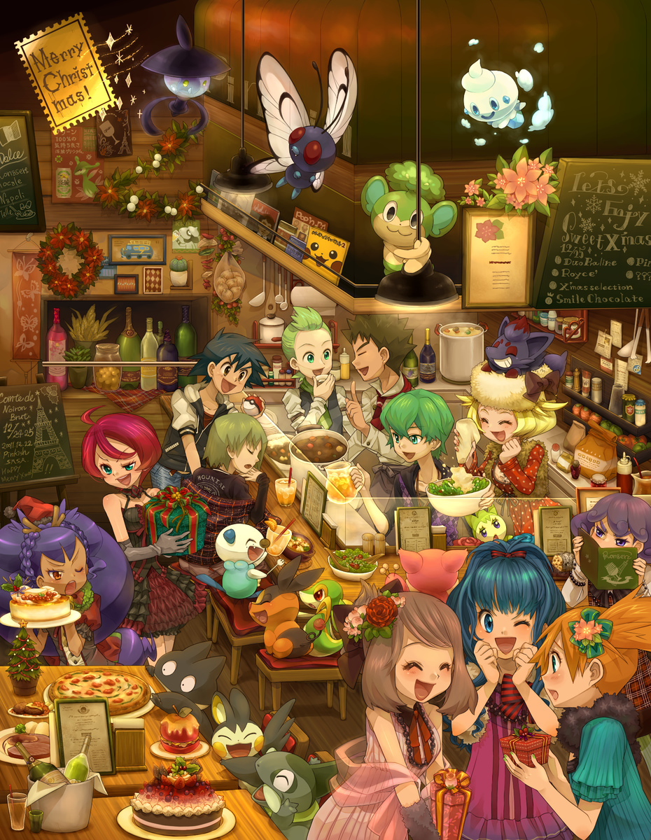 5boys 6+girls ahoge apple arm_warmers ash_ketchum axew banner bianca_(pokemon) billboard black_gloves black_hair blue_eyes bottle bow bracelet braid brock_(pokemon) brown_eyes brown_hair bucket burgundy_(pokemon) butterfree cake chair christmas_tree cilan_(pokemon) closed_eyes covering_face cup dawn_(pokemon) drawing_(object) dress drew_(pokemon) drinking_straw eating emolga eye_contact flour flower food fruit gen_1_pokemon gen_2_pokemon gen_3_pokemon gen_4_pokemon gen_5_pokemon georgia_(pokemon) gift gloves green_eyes green_hair green_necktie gym_leader hair_bow hair_flower hair_ornament hat hat_bow highres holding holding_poke_ball indoors iris_(pokemon) jacket jewelry ladle lampent legendary_pokemon lemon lemon_slice light long_hair looking_at_another may_(pokemon) menu merry_christmas misty_(pokemon) multiple_boys multiple_girls munchlax napkin napkin_holder necktie nintendo on_head one_eye_closed open_mouth oshawott pansage pikachu pink_dress pitcher_(container) pizza plaid_clothes plaid_skirt poke_ball poke_ball_(basic) pokemon pokemon_(anime) pokemon_(classic_anime) pokemon_(creature) pokemon_bw_(anime) pokemon_dppt_(anime) pokemon_on_head pokemon_rse_(anime) purple_eyes purple_hair record red_hair red_necktie restaurant roselia_(pokemon) salad sasairebun shooti_(pokemon) short_hair sitting skirt skitty smeargle snivy spoon standing starter_pokemon_trio stew tepig vanillite virizion wine_bottle wreath zorua