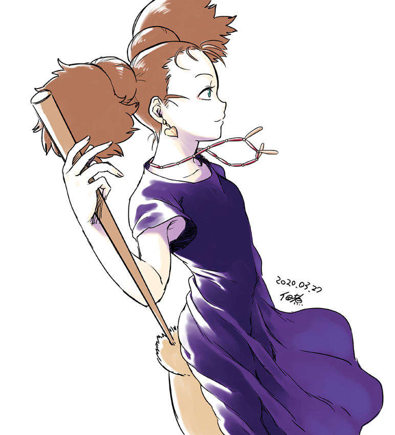 1girl backlighting big_hair black_dress blue_eyes broom dated dress earrings female_focus flat_chest forehead from_side heart heart_earrings jewelry long_hair majo_no_takkyuubin medium_hair multi-tied_hair necklace senior_witch_(majo_no_takkyuubin) solo tsukudani_(coke-buta) twintails