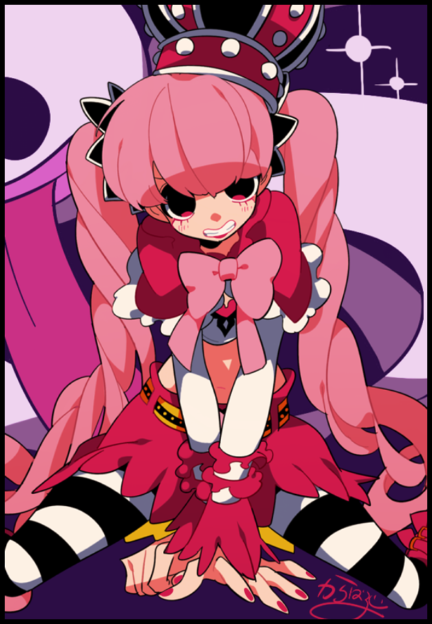 1girl belt black_eyes bow commentary_request crop_top crown eyelashes long_hair long_sleeves looking_at_viewer midriff one_piece pantyhose perona pink_bow pink_hair pink_nails pink_skirt sameyama_jiro shirt sitting skirt solo striped_clothes striped_pantyhose twintails white_shirt yellow_belt