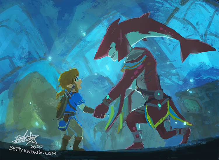 2boys belt bettykwong blonde_hair blue_shirt boots colored_skin grin holding_hands kneeling link looking_at_another male_focus multiple_boys nintendo pointy_ears red_skin shield shield_on_back shirt sidon smile standing the_legend_of_zelda the_legend_of_zelda:_breath_of_the_wild watermark web_address zora