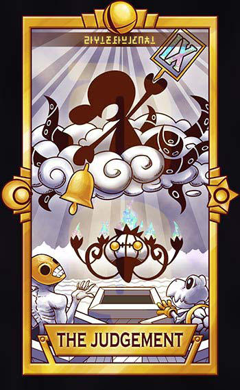 bell black_border blue_fire border chandelure cloud cloudy_sky commentary crescent dry_bones english_commentary english_text fire game_&amp;_watch gen_5_pokemon holding holding_bell holding_sign judgement_(tarot) light_rays limited_palette mario_(series) mask mountainous_horizon mr._game_&amp;_watch nintendo no_humans ocean open_mouth pokemon pokemon_(creature) quas-quas redead roman_numeral sign skeleton sky smash_ball star_(symbol) sunlight super_smash_bros. tarot tentacles the_legend_of_zelda