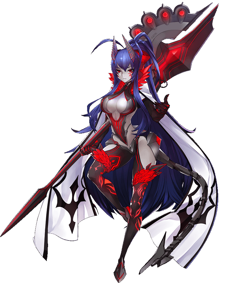 1girl ahoge another_dark_mai antenna_hair artist_request axe backless_outfit black_pants blazblue blazblue_alternative:_dark_war blue_hair bow breasts cape cleavage colored_skin dark_persona facial_tattoo grey_skin halterneck halterneck holding holding_spear holding_weapon horns large_breasts lowleg lowleg_pants mai_natsume mechanical_tail official_art outseal pants polearm ponytail red_bow red_eyes revealing_clothes serious solo spear tail tattoo transparent_background weapon white_cape