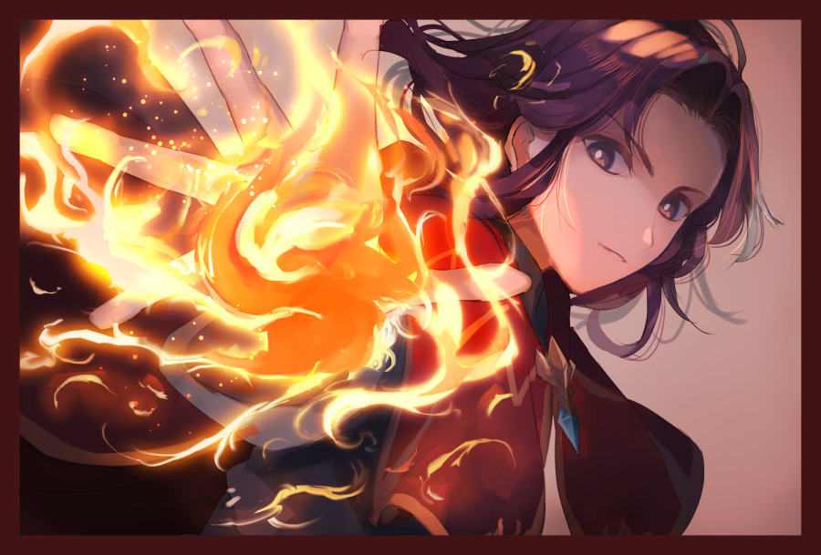 1boy blue_shirt cape erk_(fire_emblem) fire fire_emblem fire_emblem:_the_blazing_blade kabitakamaboko long_hair looking_at_viewer magic nintendo outstretched_hand purple_eyes purple_hair red_cape shirt sidelocks