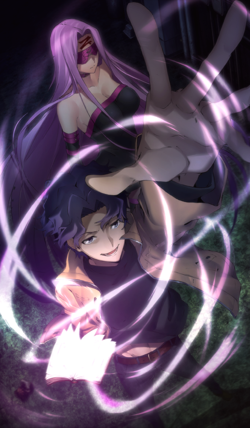 1boy 1girl bare_shoulders belt black_dress black_pants black_shirt black_sleeves blindfold blue_eyes blue_hair book breaker_gorgon breasts brown_belt brown_jacket cleavage closed_mouth commentary curtained_hair detached_sleeves dress dutch_angle expressionless facial_mark fate/grand_order fate/stay_night fate_(series) floating_clothes floating_hair foot_out_of_frame forehead_mark foreshortening from_above glowing heaven&#039;s_feel holding holding_book jacket large_breasts light_trail long_hair magic matou_shinji medusa_(fate) medusa_(rider)_(fate) midriff_peek navel night official_art open_book open_mouth outdoors pants pink_blindfold pink_hair shiojima_yuka shirt short_hair sideboob smirk standing strapless strapless_dress teeth third-party_source very_long_hair